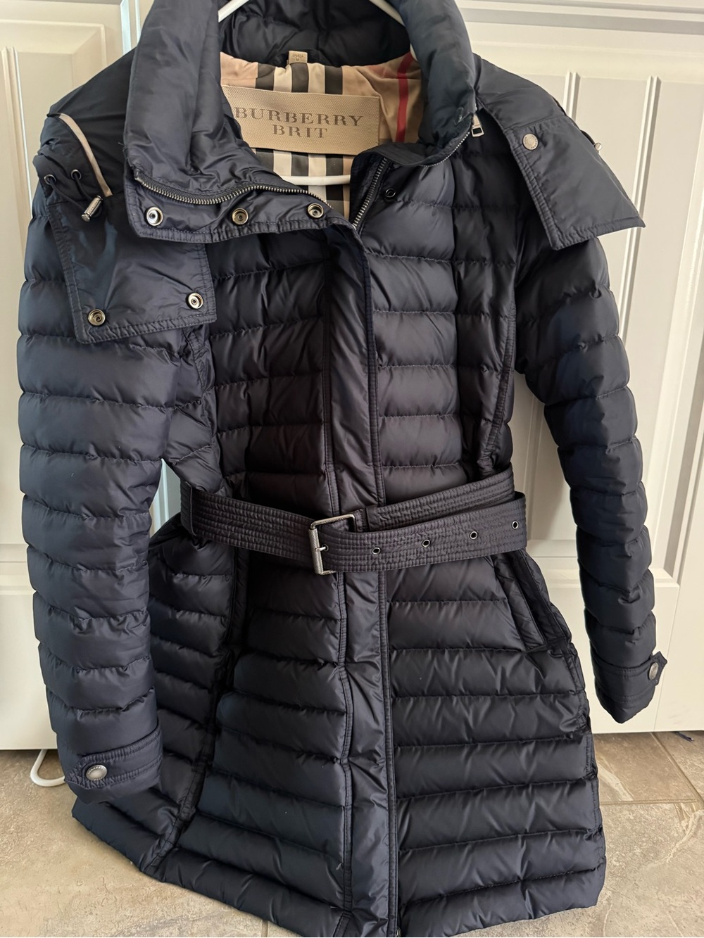 Burberry Navy Quilted Belted Puffer Coat with Hood